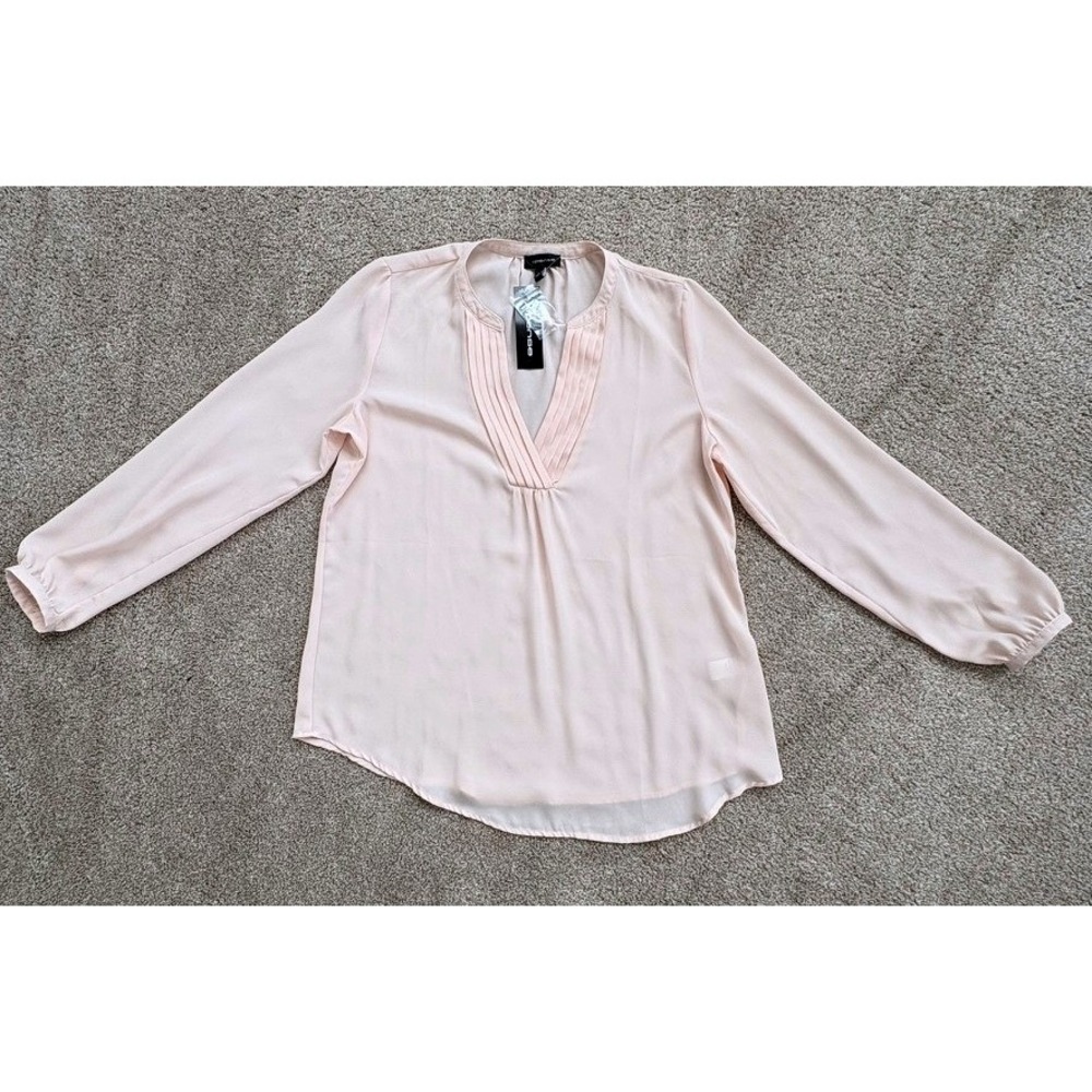 Spense Women Blouse Medium Pink Pleated V-Neck Long Sleeve Chiffon Style Top NWT